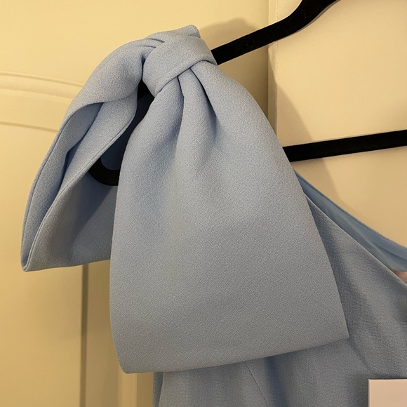 GAL MEETS GLAM Light Blue A-Line Midi Dress Asymmetrical Neck Bow Fit and Flare - Picture 3 of 6